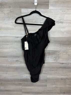 NWT Quince Italian Ruffle One-Shoulder One-Piece Swimsuit - Black - XL